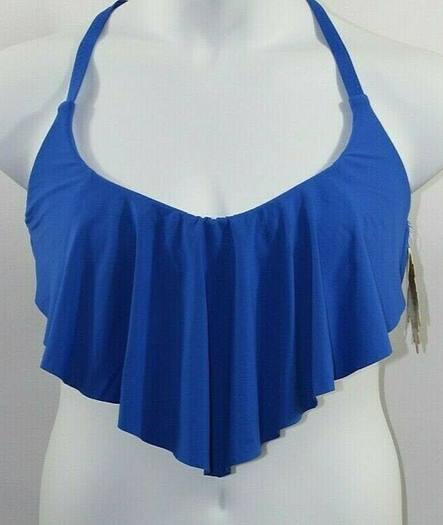 Becca Swimsuit Top Royal Blue Ruffle Front Knotted Halter Back NWT 14 16 0X-image