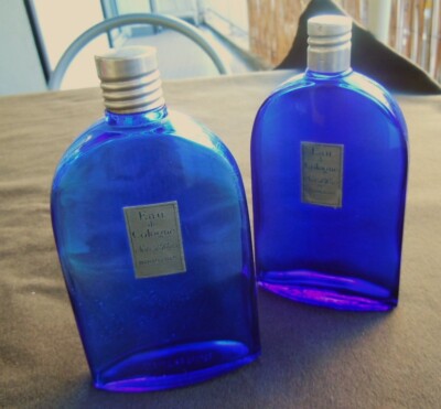 BOURJOIS Nuit de Paris Eau de Cologne 2 leere Flaschen Glas kobaltblau 1940