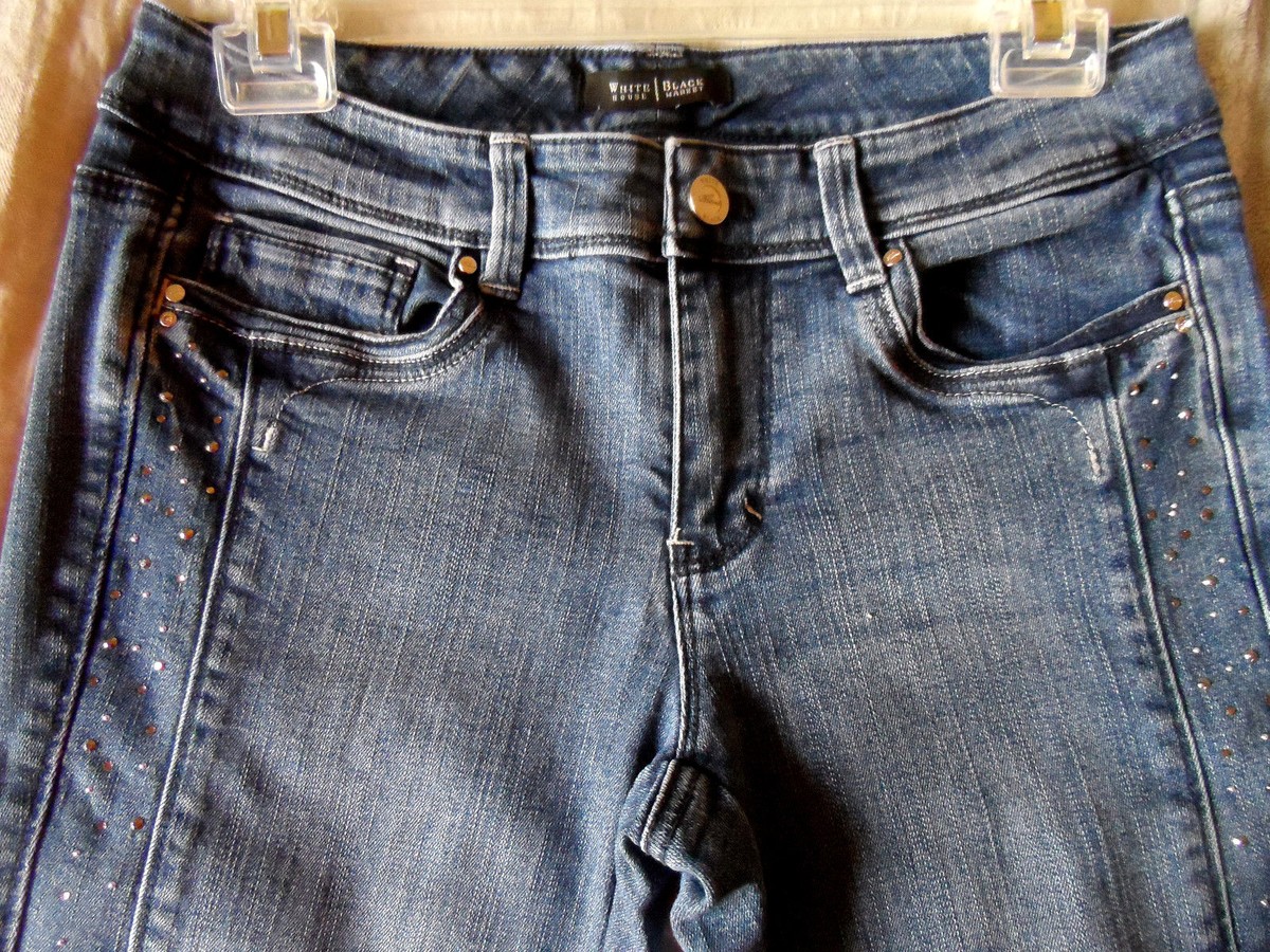 WHBM Blanc Size Slim Crop Embellished Blue Jeans NWOT