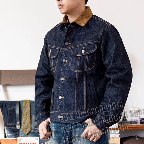 Red Tornado Men Jean Jacket Wool Blanket Lined 18oz Raw Selvedge Denim Coat - Picture 4 of 29