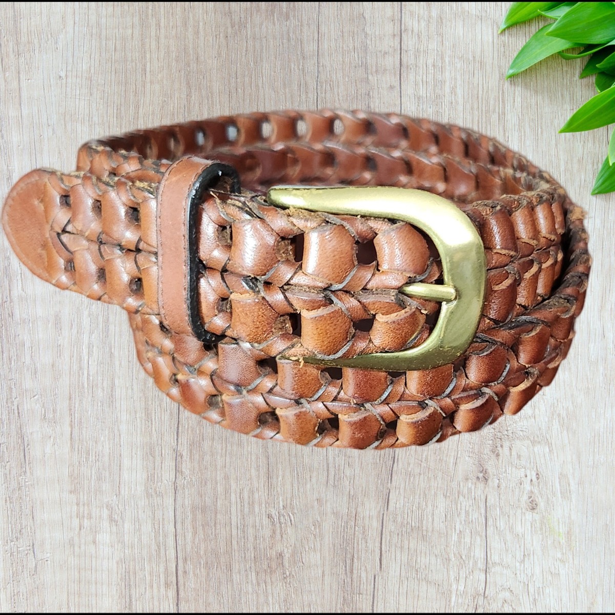 Vintage 100% leather braided link Brasstone buckle belt Vintage Braided Belt - Etsy main image 4