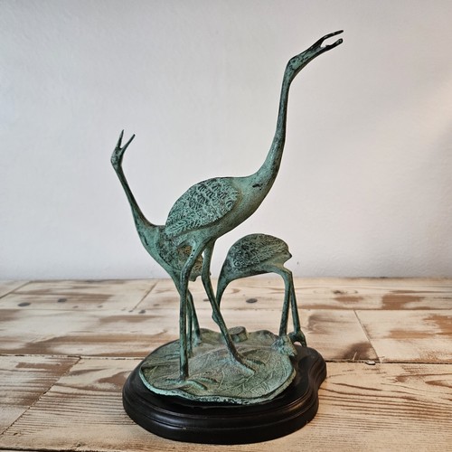 Vintage cast bronze CRANES sculpture lily pad base Asian statue fine art birds
