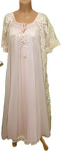 vintage 70s nylon peignoir  nightgown set sheer long Pink Shadow line size M
