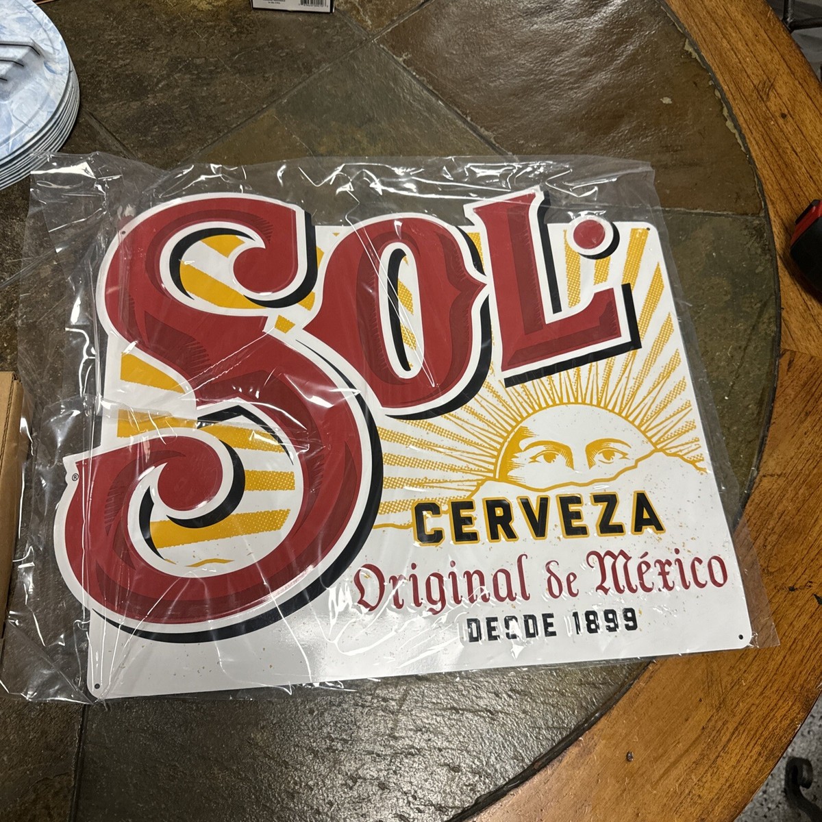 Large Sol Cerveza Metal Tin Embossed Tacker Sign 18” x 15” Mexico