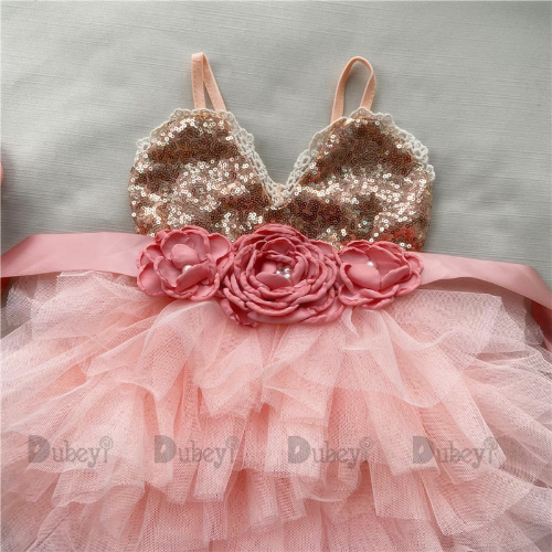 Shinny Flower Girls Dress Party Gown Gold Sequined Layered Tutu Dress Clothing - Picture 5 of 25