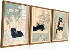 Framed Japanese Bathroom Wall Art Set of 3, 24L" x 16W" Japanese Black Cat