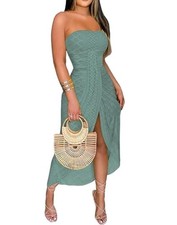 Strapless Midi Dress Eyelet Embroider Lined Sage Green Small Boho Front Knot New