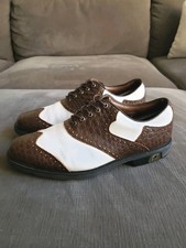 Size 9.5 - RARE! Footjoy MyJoys Saddle Leather Golf Shoe Brown Croc/White - Wide
