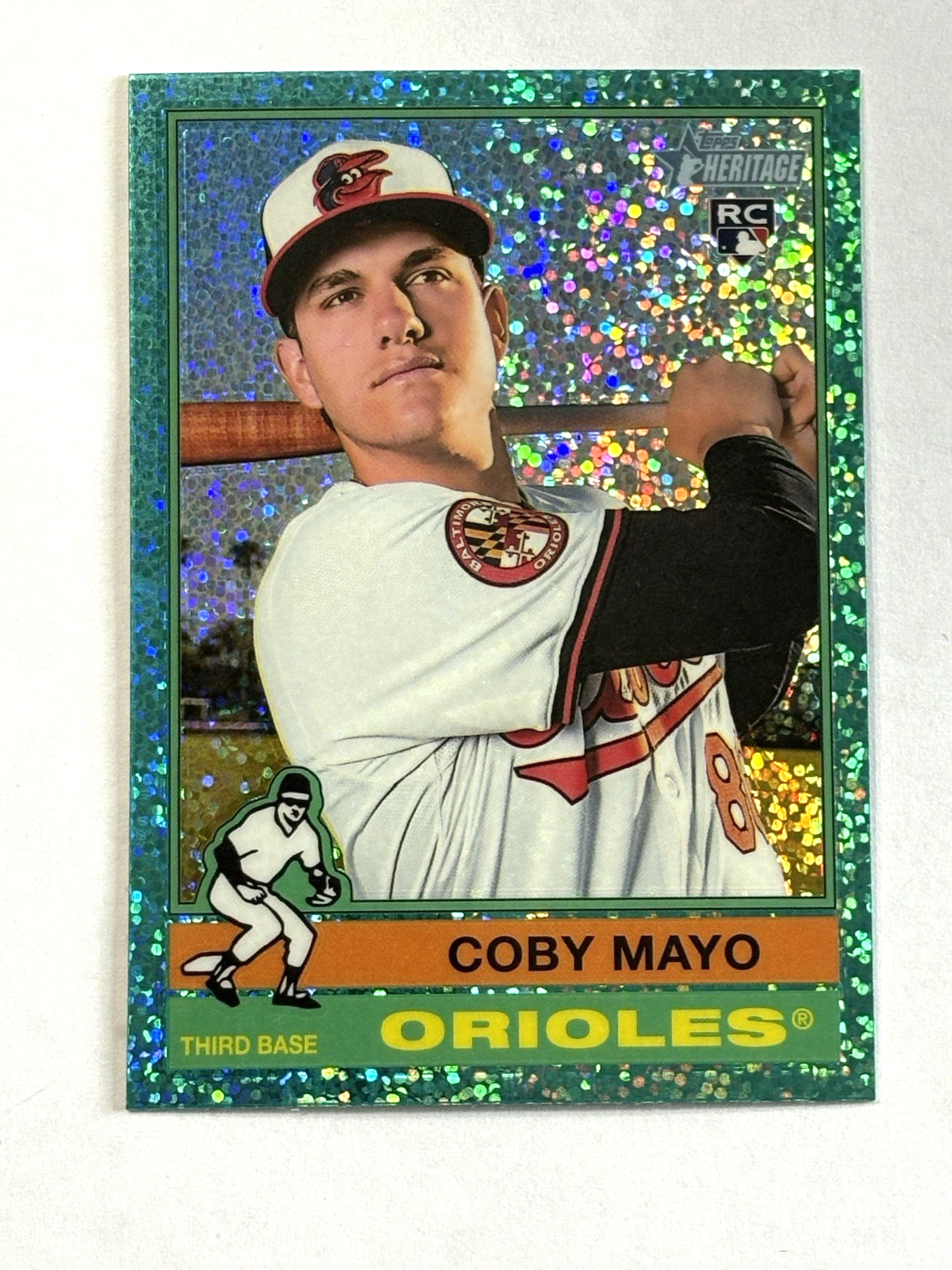 2025 Topps Heritage Chrome Coby Mayo Aqua Sparkle Rookie Card #340 Orioles