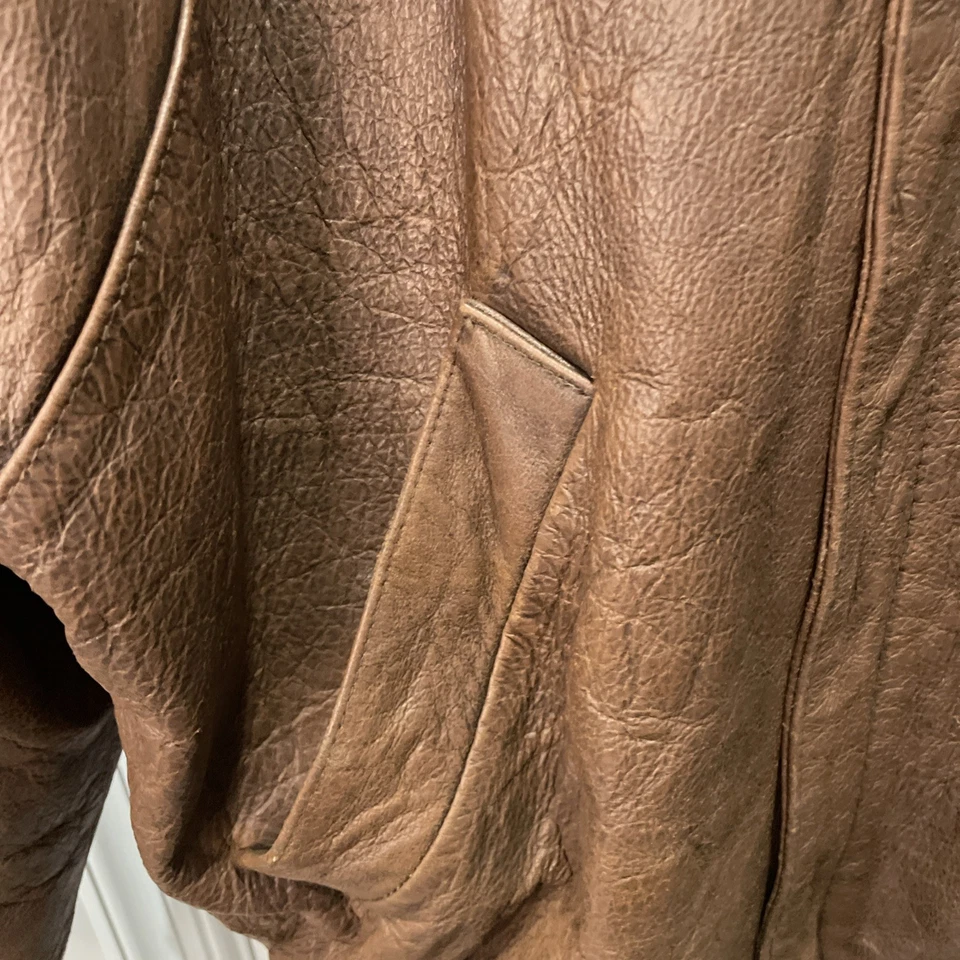 Men’s American Eagle Dark Brown Bomber Leather Jacket Size 44 - Image 2 of 4