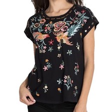 JOHNNY WAS LARGE SOHA RELAXED SEQUIN EMBROIDERED TEE HUMMING BIRD FLOWER BLACK