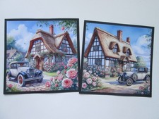 Set of 2 x ENGLISH THATCHED HOUSE & VINTAGE CAR   Card  Toppers