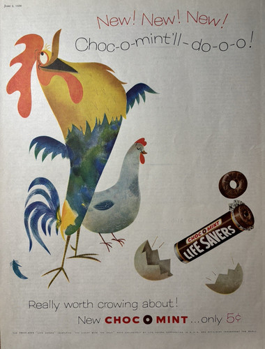 1956 Life Savers Candy Choc O Mint Rooster Crowing About New Vintage Print Ad