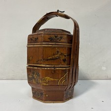Vintage Asian Octagonal Wooden Wedding Basket 3-Tier Hand Painted Bird