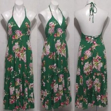 Express Green Floral Halter Backless Tiered Maxi Dress XS Boho Cottagecore