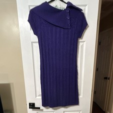 New Directions Purple Acrylic Sweater Dress L Cowl Neck Short Sleeve Cable Knit
