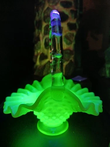 Yellow Ruffled Vaseline Uranium Glass Hobnail Decorative Basket Clear Handle