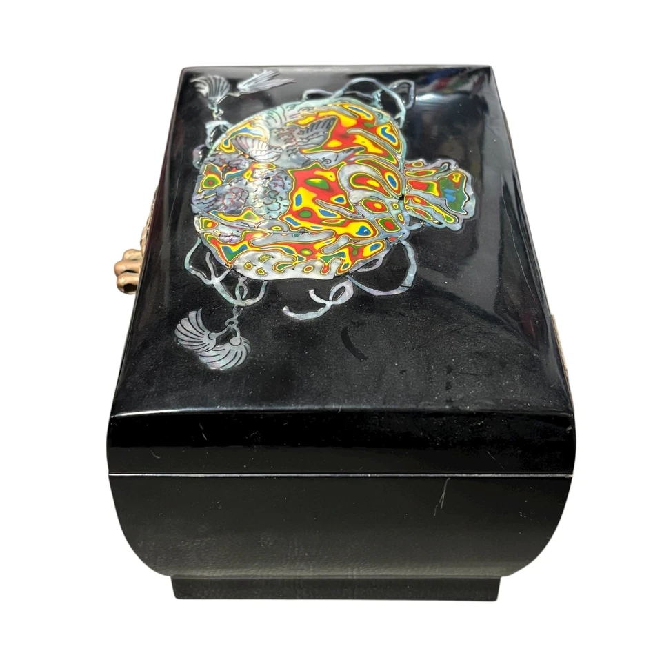 Chinese Black Lacquer Jewelry Box Brass Lock Red Velvet Inlay Double Gourd - Image 4 of 4