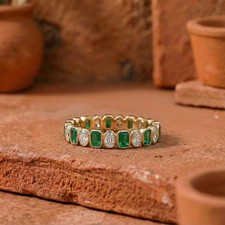 Emerald Cut Simulated Green Emerald Wedding Band Ring In 14k Yellow Gold Plated