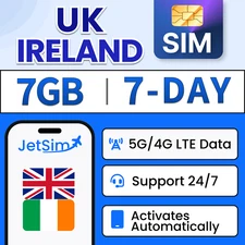 JetSIM UK Travel SIM Card / Ireland SIM Card 7GB High-Speed Data (7 Days)