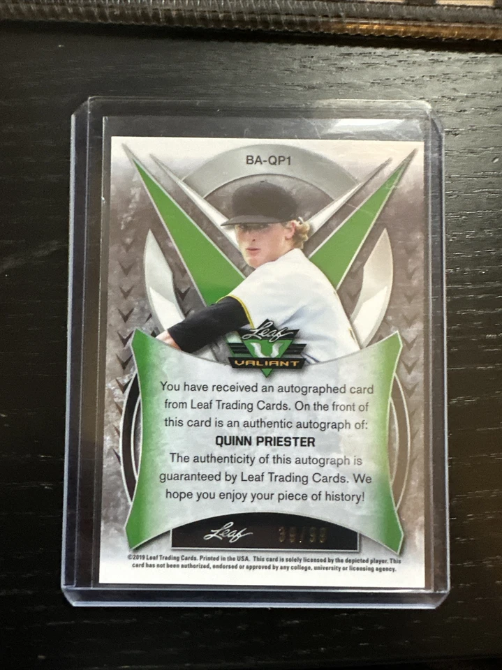2019 QUINN PRIESTER RC AUTO #39/99  LEAF VALIANT GREEN PRIZMATIC PICK 18 1ST RD. - Image 2 of 2