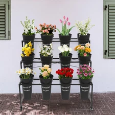 3 Layers Moving Plant Cart Shelf with Wheels Flower Display Stand w/ 12 Buckets