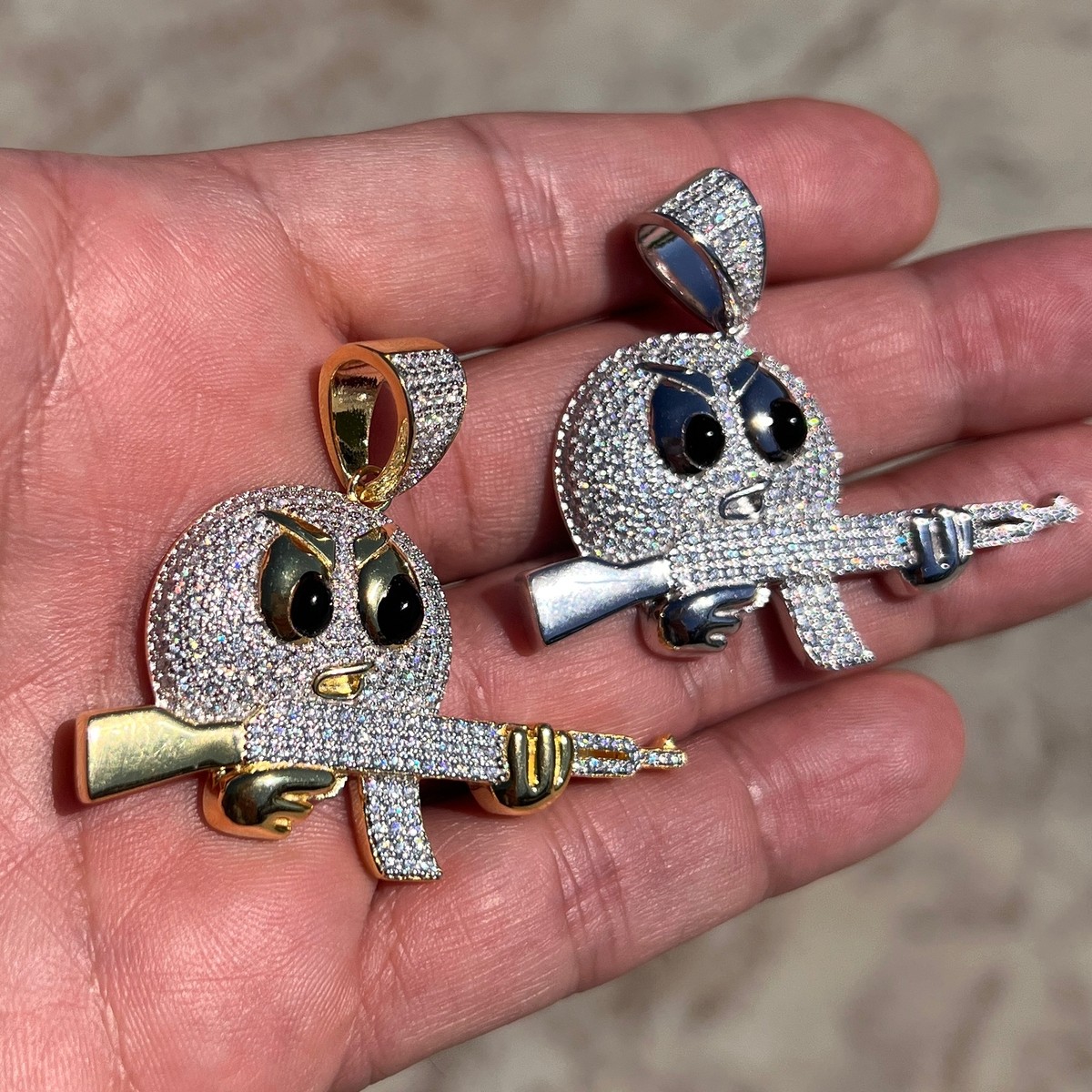 Real 925 Sterling Silver Angry Gangster Emoji AK47 Gun VVS1