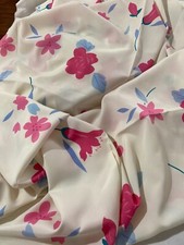 Polyester crepe fabric blue pink floral on off white background 3 yds x 44"