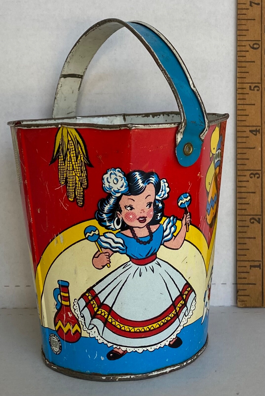 Vintage Ohio Art metal beach pail & shovel with Mexican theme, some
