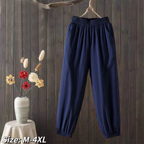 Retro Cotton Harem Pants with Pockets Women Elastic Waist Loose Casual Plus Size - Picture 15 of 22