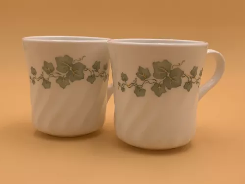 CORNING WARE USA Green Ivy Coffee Tea Cups - MADE IN THE USA - Set Of 2 Vintage