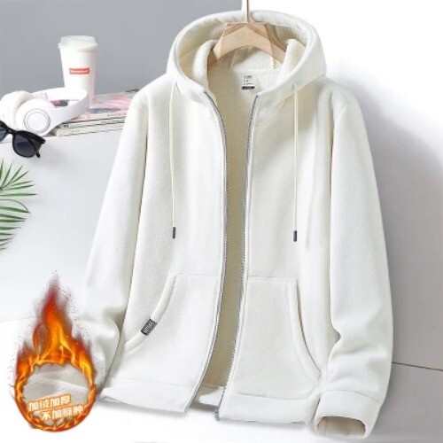New Classic Trend Solid Color Hooded Jacket Men Casual Loose Warm Plus Size Coat - Imagen 18 de 23