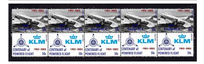 KLM AIRLINES CENTENARY FLIGHT STRIP OF 10 MINT VIGNETTE STAMPS, DOUGLAS DC-3