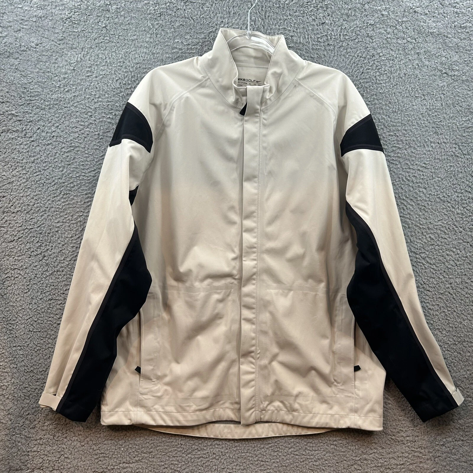 Nike Jacket Mens Extra Large Beige Black Golf Rain Coat Full Zip Fit Storm Mens