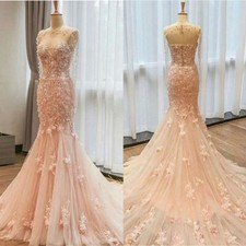 Blush Pink Mermaid Wedding Dresses Long Sleeve Appliques Beach Wedding Gowns