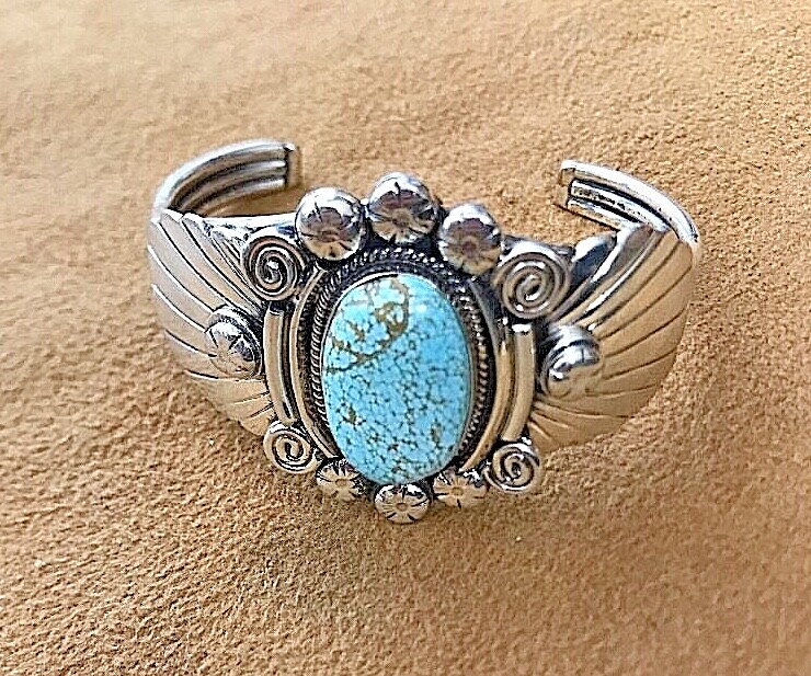Navajo Sterling Silver .925 Number #8 Turquoise Bracelet Signed