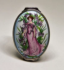 HALCYON DAYS ENAMEL BOX - ACTRESS SARAH BERNHARDT -IRISES- ALPHONSE MUCHA POSTER