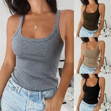 Womens Ladies Ribbed Cami Vest Tops Plain Stretchy Casual Tank Tops Shirts Size