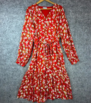 Draper James RSVP Midi Dress Womens 2XL Red Floral Tiered Ruffle Belted Peasant