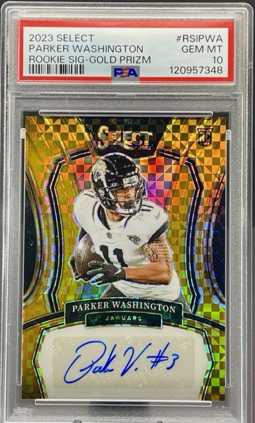 2023 Panini Select Parker Washington GOLD PRIZM Rookie /10 PSA 10