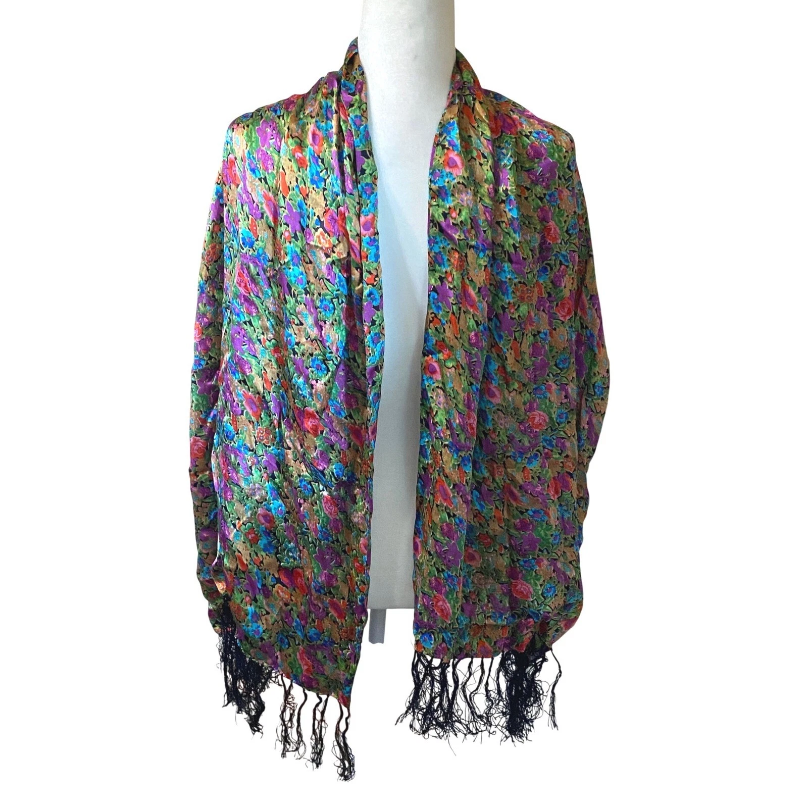 Vintage 100% Silk Floral Scarf Multicolor Botanical Print Fringe Trim Wrap 74x22