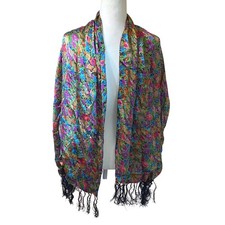 Vintage 100 Silk Floral Scarf Multicolor Botanical Print Fringe Trim Wrap 74x22