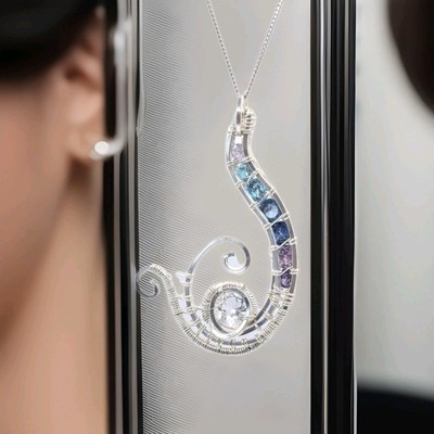 Handcrafted Cubic Zirconia & Silver Plated Copper Wire Art Pendant - OOAK