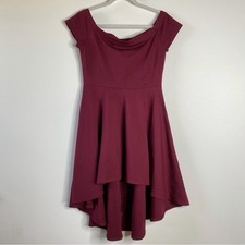 Windsor Womens Fit Flare Dress SZ L Maroon High Low Waterfall Hem Cap Sleeve