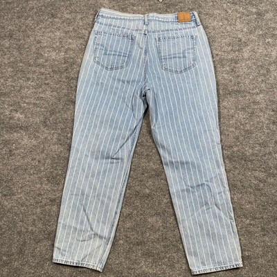 American Eagle Mom Jeans Womens 10 Light Wash Blue White Pinstripe High Rise