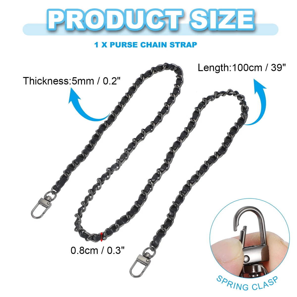 Leather Purse Handle Strap, 39" Purse Chain Strap Replacement, Black