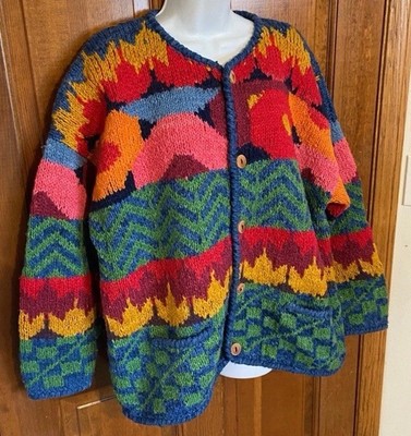 VINTAGE EXPRESS TRICOT WOOL CARDIGAN SWEATER HANDKNIT CHUNKY FLORAL COLORFUL