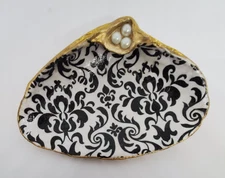 Large Black & White Decoupage Shell Victorian Trinket Dish Gold Trim