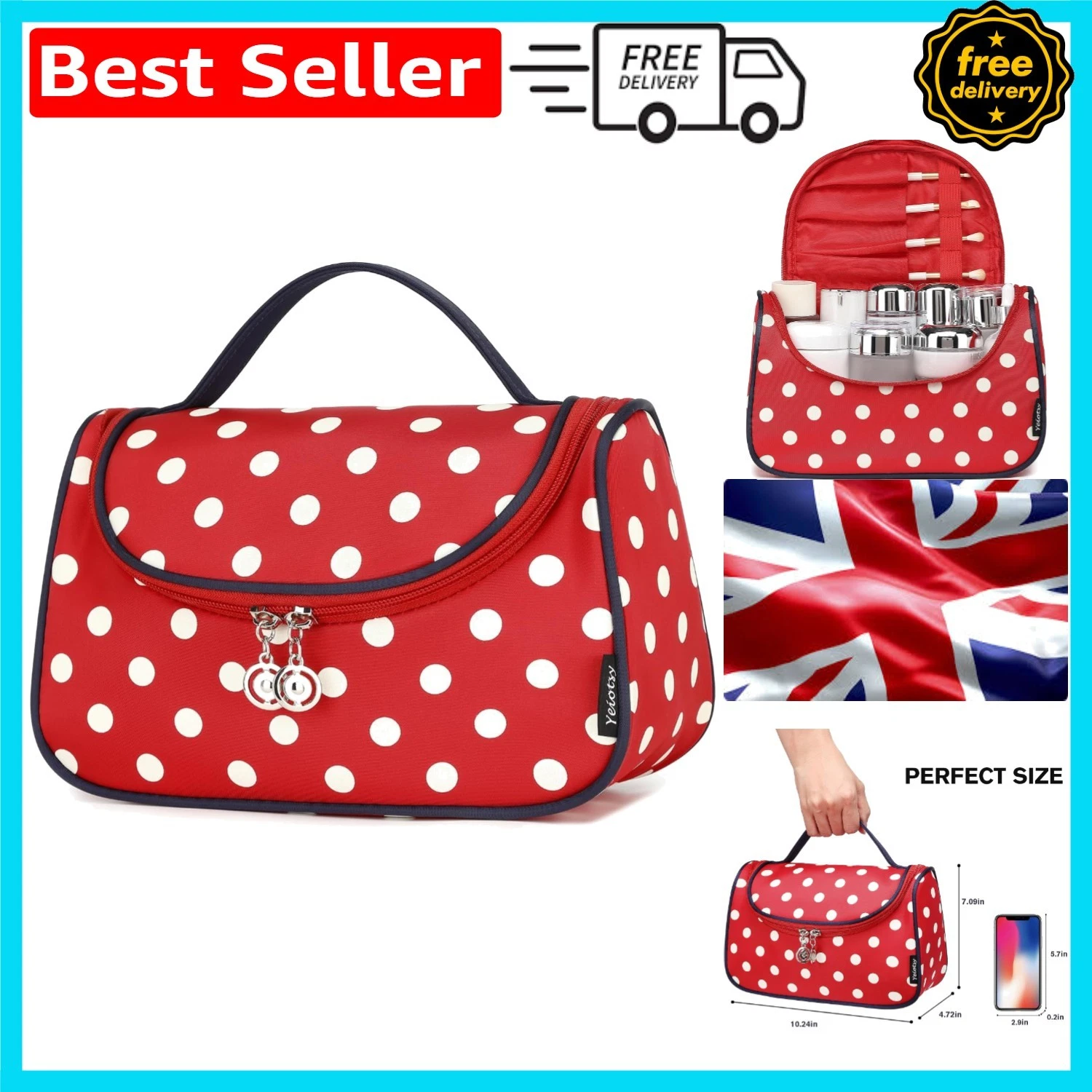 Chic Polka Dots Travel Cosmetic Bag – Hanging Toiletry Organizer in Classic Red
