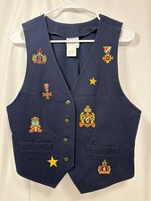 Vintage Leslie Fay Sport Navy Blue Vest with Colorful Embroidered Embellishment
